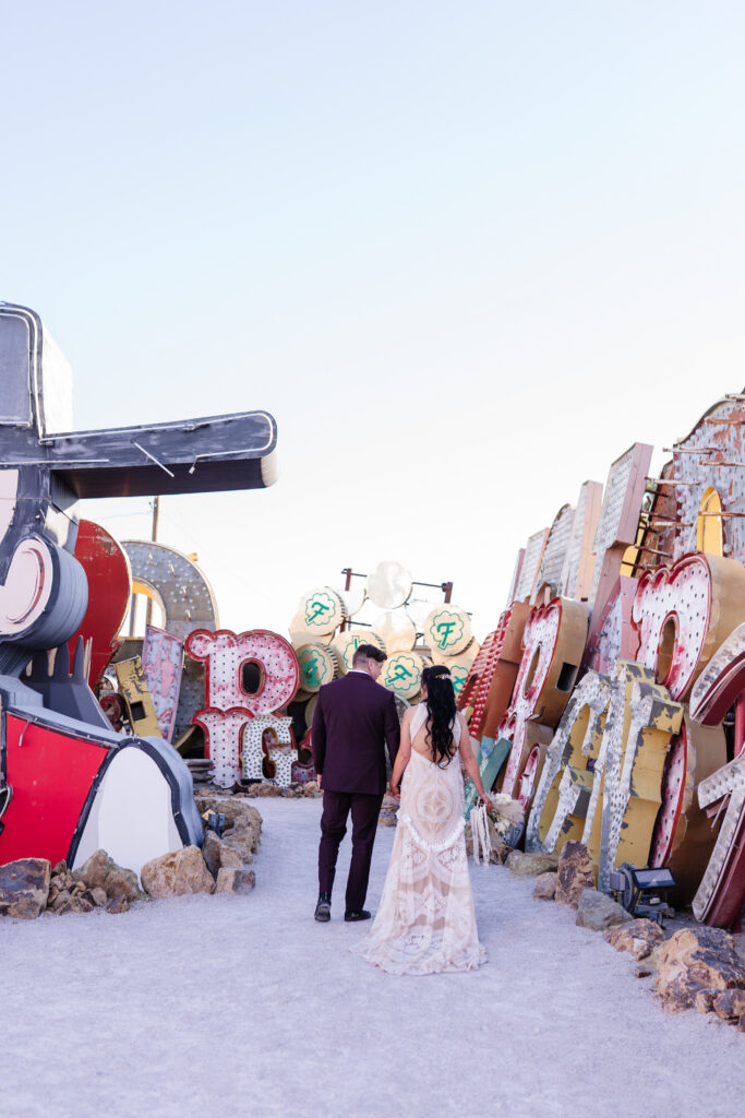 bride and groom neon museum vegas