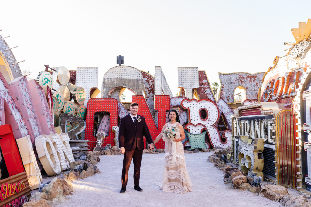 bride and groom neon museum vegas