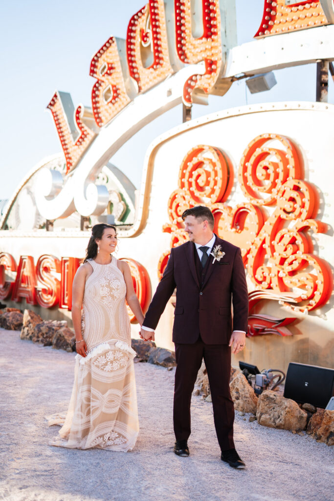 bride and groom neon museum vegas